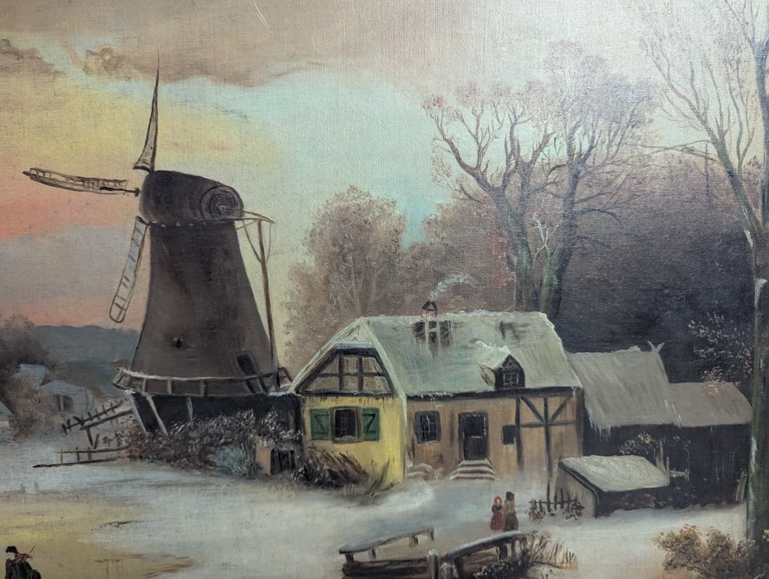 Clara Schmitt Oil on Canvas Winter Landscape with Windmill and Ice Skater - 8