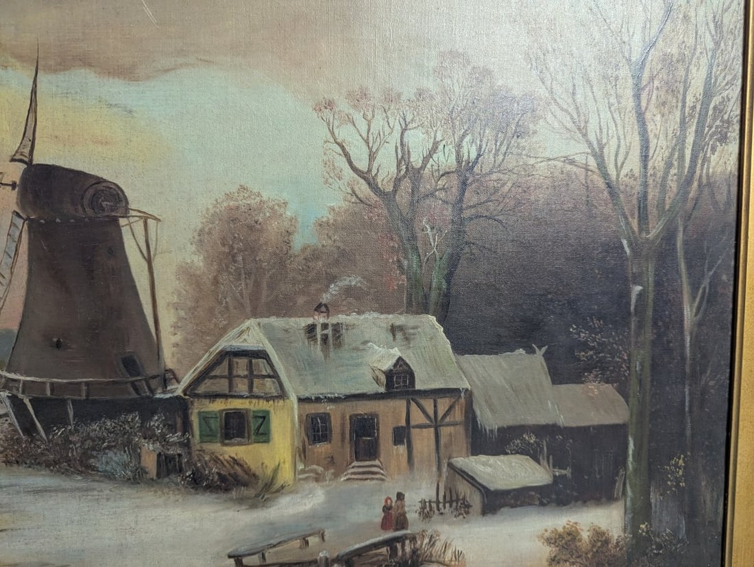 Clara Schmitt Oil on Canvas Winter Landscape with Windmill and Ice Skater - 9