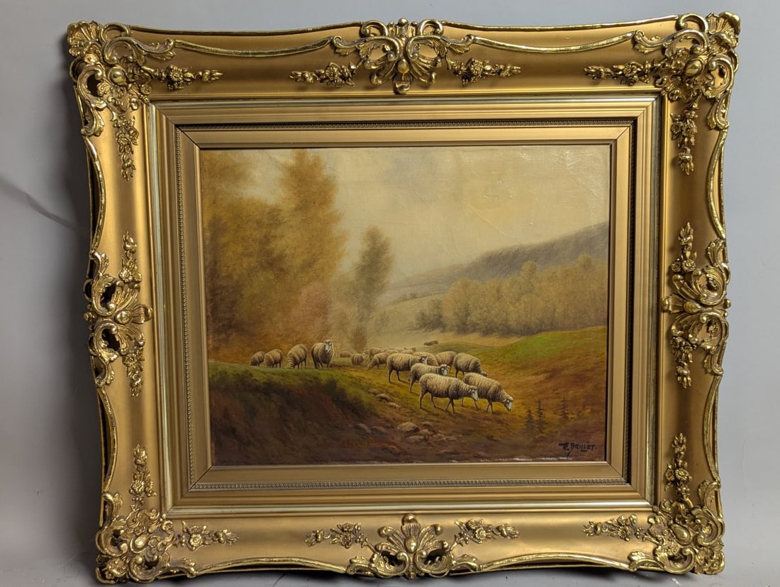 F Brillet Pastoral Sheep Oil Painting Ornate Gilt Frame Decorative Art: **Important** Please read below description on how to avoid high shipping costs. Discover this exquisite oil painting by F. Brillet, depicting pastoral sheep in a lush landscape. Its dimensions measur