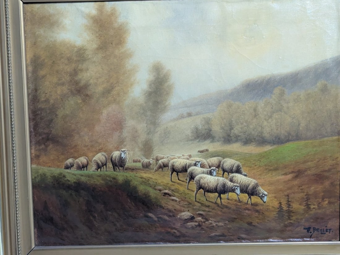 F Brillet Pastoral Sheep Oil Painting Ornate Gilt Frame Decorative Art - 2