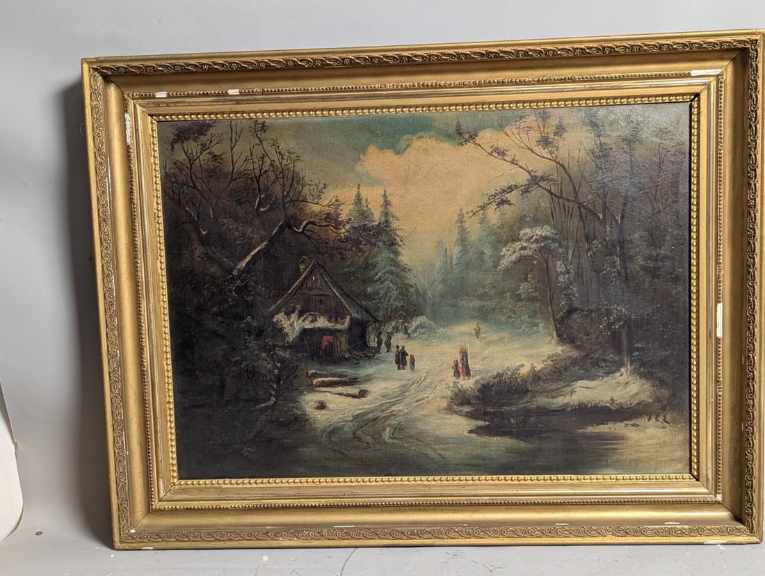 19th Century Winter Landscape Oil Painting by Unidentified Artist - Vintage Artwork: **Important** Please read below description on how to avoid high shipping costs. Dive into the serene beauty of this 19th-century winter landscape oil painting, measuring 35 x 27 x 2 1/2 inches, with