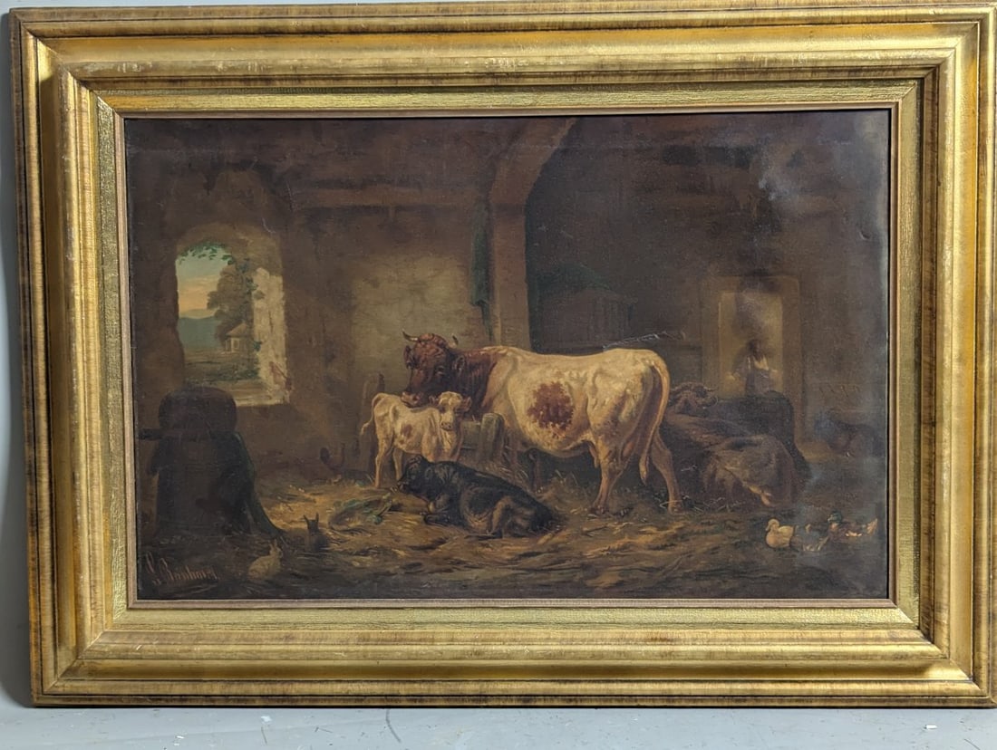 Louis Reinhardt (1849-1870) Antique Oil Painting Barn Scene Signed Artwork: **Important** Please read below description on how to avoid high shipping costs. Experience the charm of a 19th-century genre scene with this stunning oil on canvas by Louis Reinhardt (1849-1870).