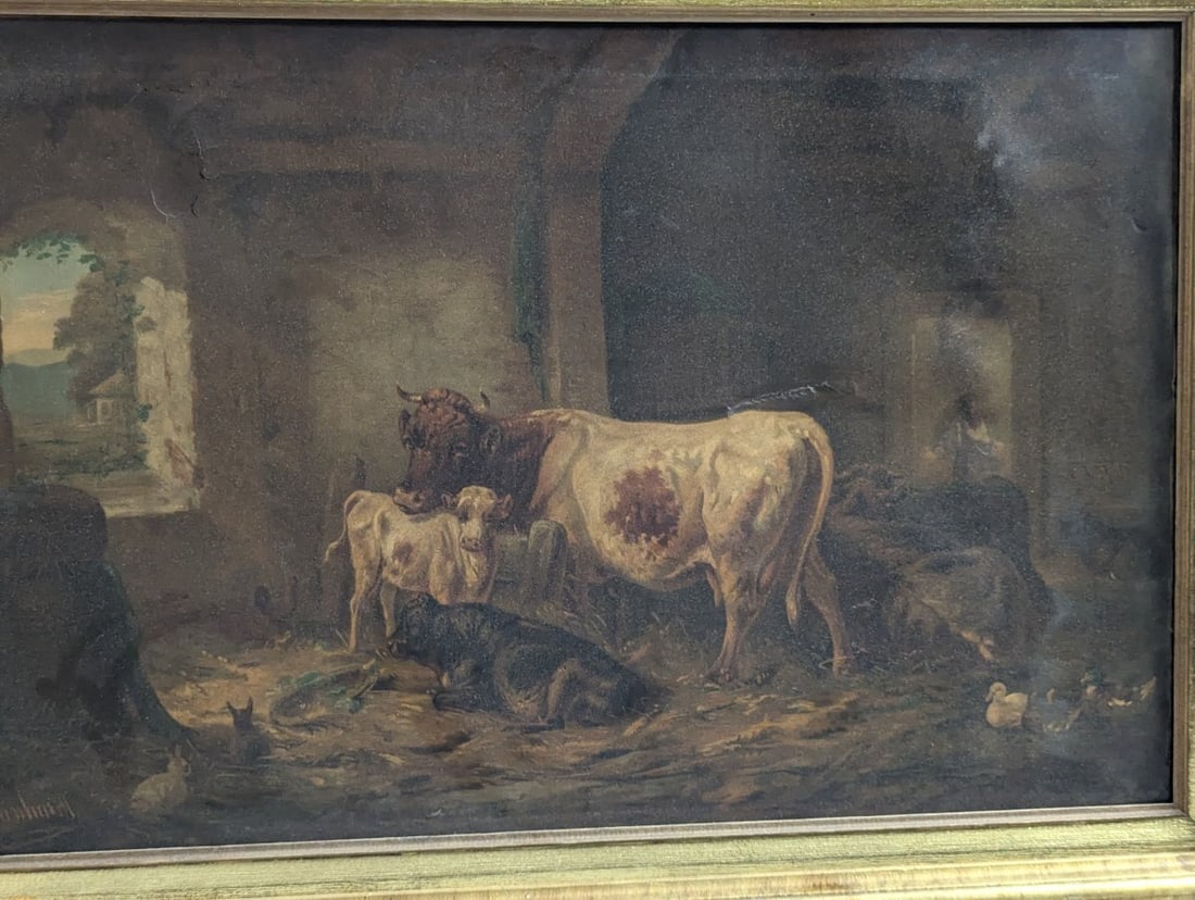 Louis Reinhardt (1849-1870) Antique Oil Painting Barn Scene Signed Artwork - 2