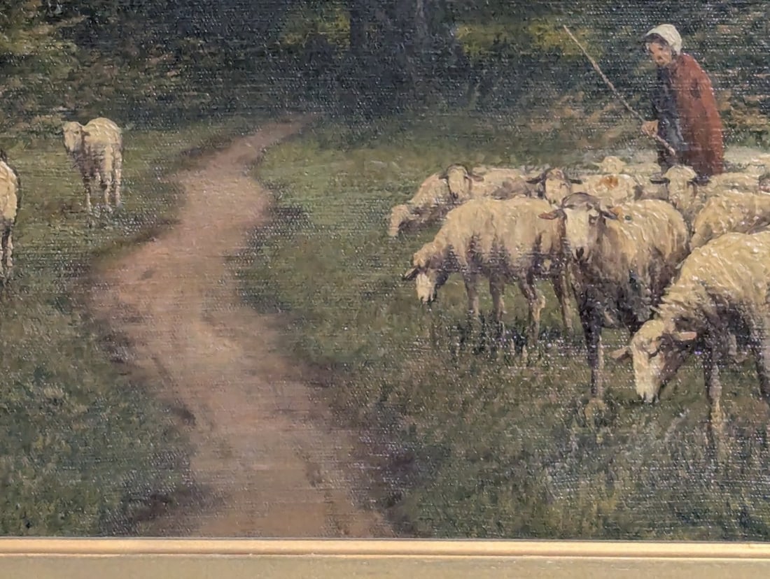 Unsigned Pastoral Landscape Oil Painting with Sheep in Ornate Gilt Frame - 10