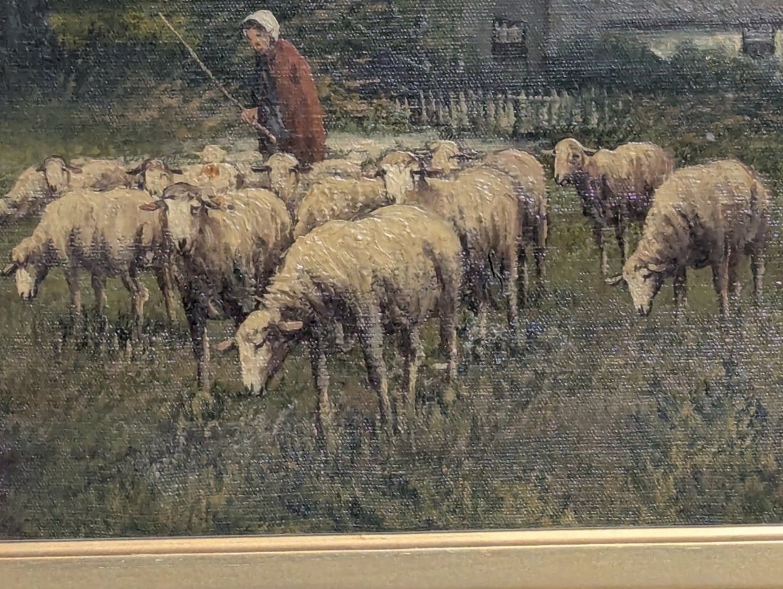Unsigned Pastoral Landscape Oil Painting with Sheep in Ornate Gilt Frame - 11