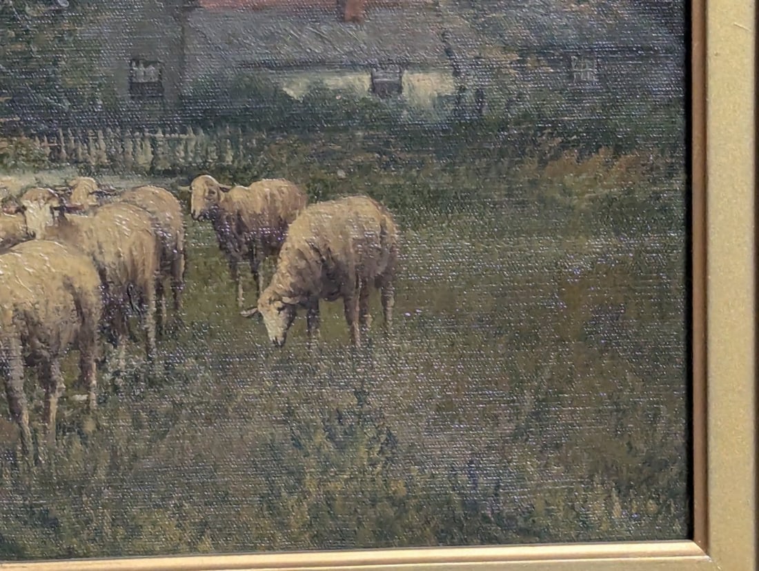 Unsigned Pastoral Landscape Oil Painting with Sheep in Ornate Gilt Frame - 12