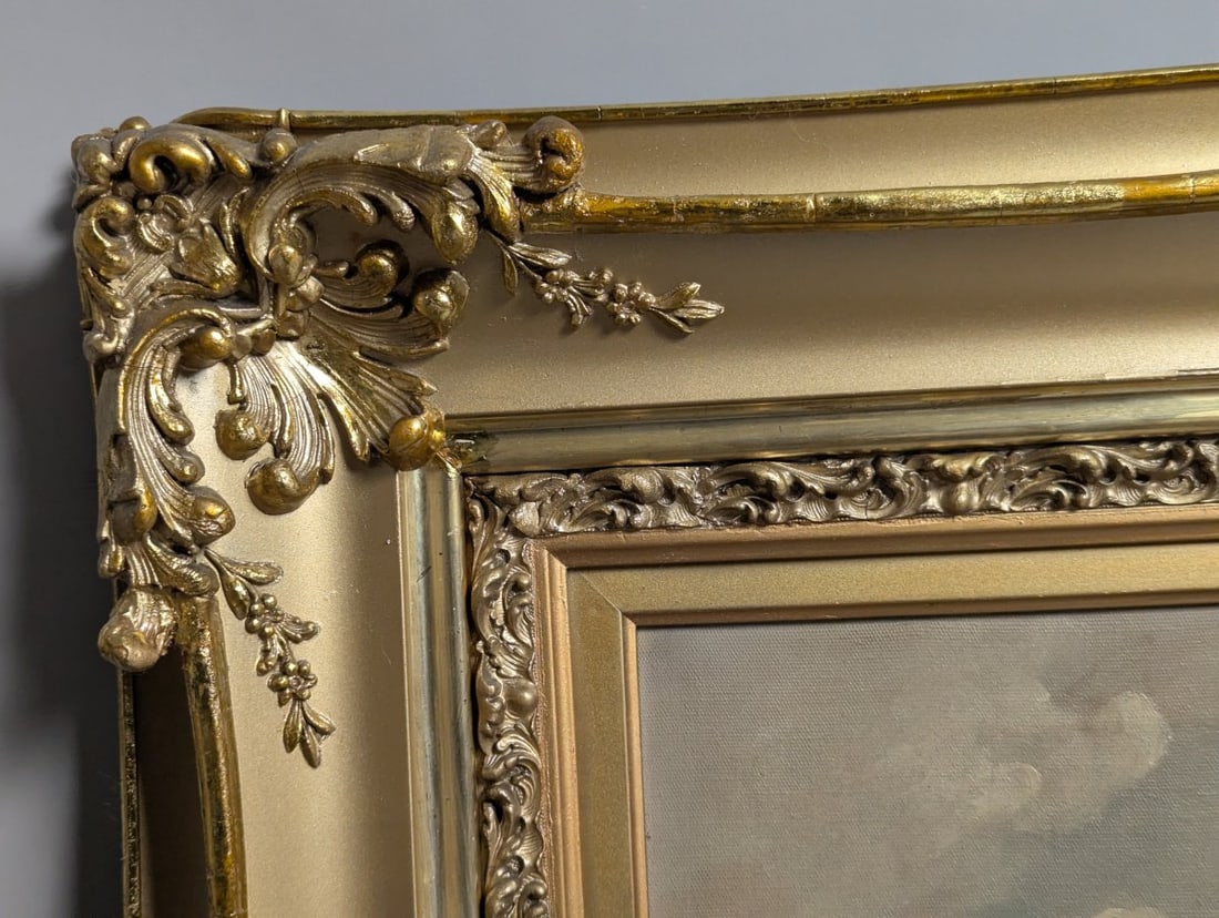 Unsigned Pastoral Landscape Oil Painting with Sheep in Ornate Gilt Frame - 16