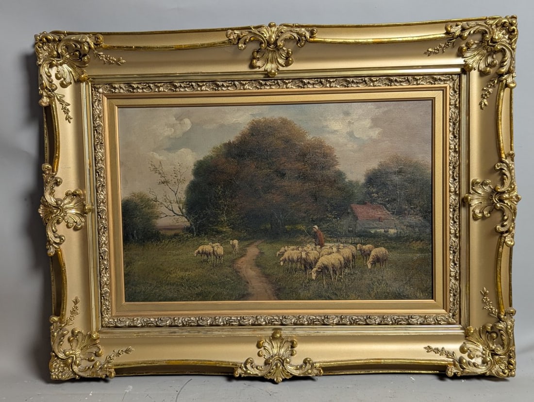 Unsigned Pastoral Landscape Oil Painting with Sheep in Ornate Gilt Frame: **Important** Please read below description on how to avoid high shipping costs. This stunning unsigned pastoral landscape oil painting, measuring 41 x 30 x 3 inches and featuring an image size of 27