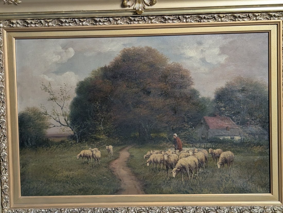 Unsigned Pastoral Landscape Oil Painting with Sheep in Ornate Gilt Frame - 2