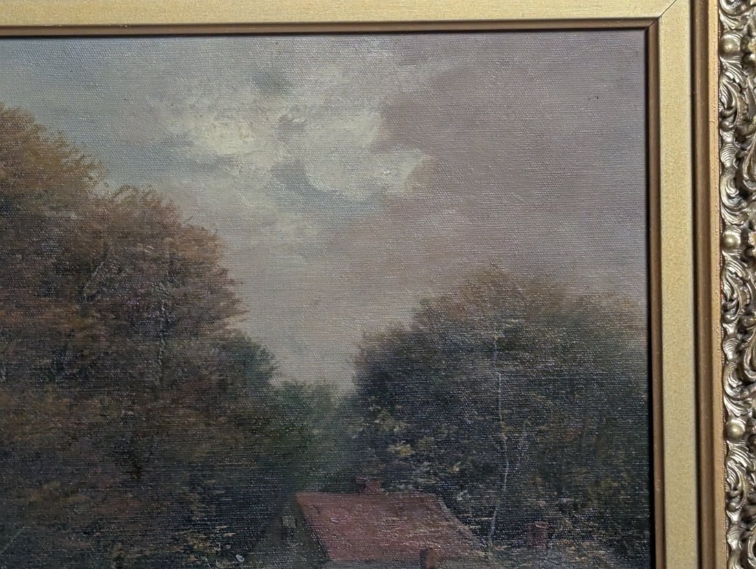 Unsigned Pastoral Landscape Oil Painting with Sheep in Ornate Gilt Frame - 5