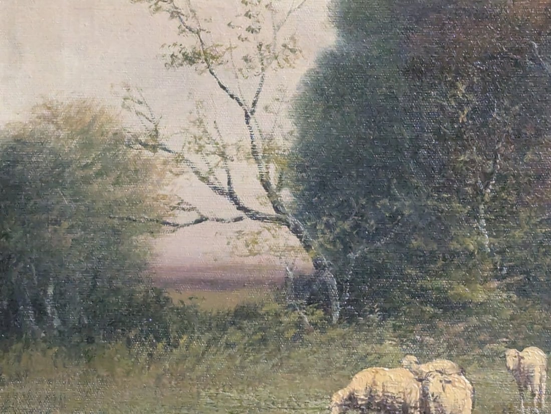 Unsigned Pastoral Landscape Oil Painting with Sheep in Ornate Gilt Frame - 6