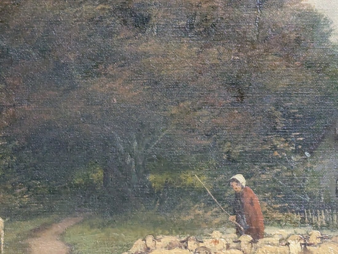 Unsigned Pastoral Landscape Oil Painting with Sheep in Ornate Gilt Frame - 7