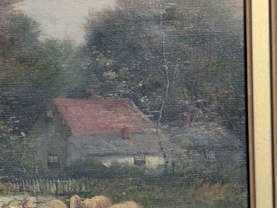 Unsigned Pastoral Landscape Oil Painting with Sheep in Ornate Gilt Frame - 8