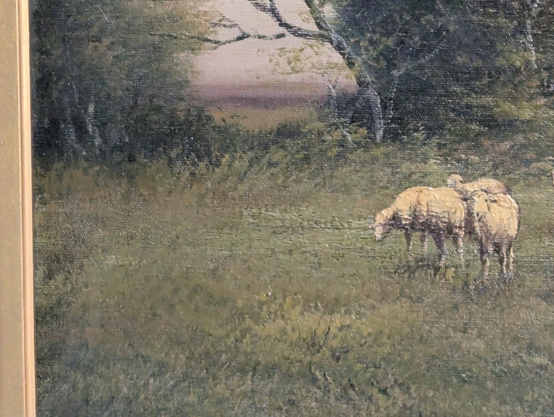 Unsigned Pastoral Landscape Oil Painting with Sheep in Ornate Gilt Frame - 9