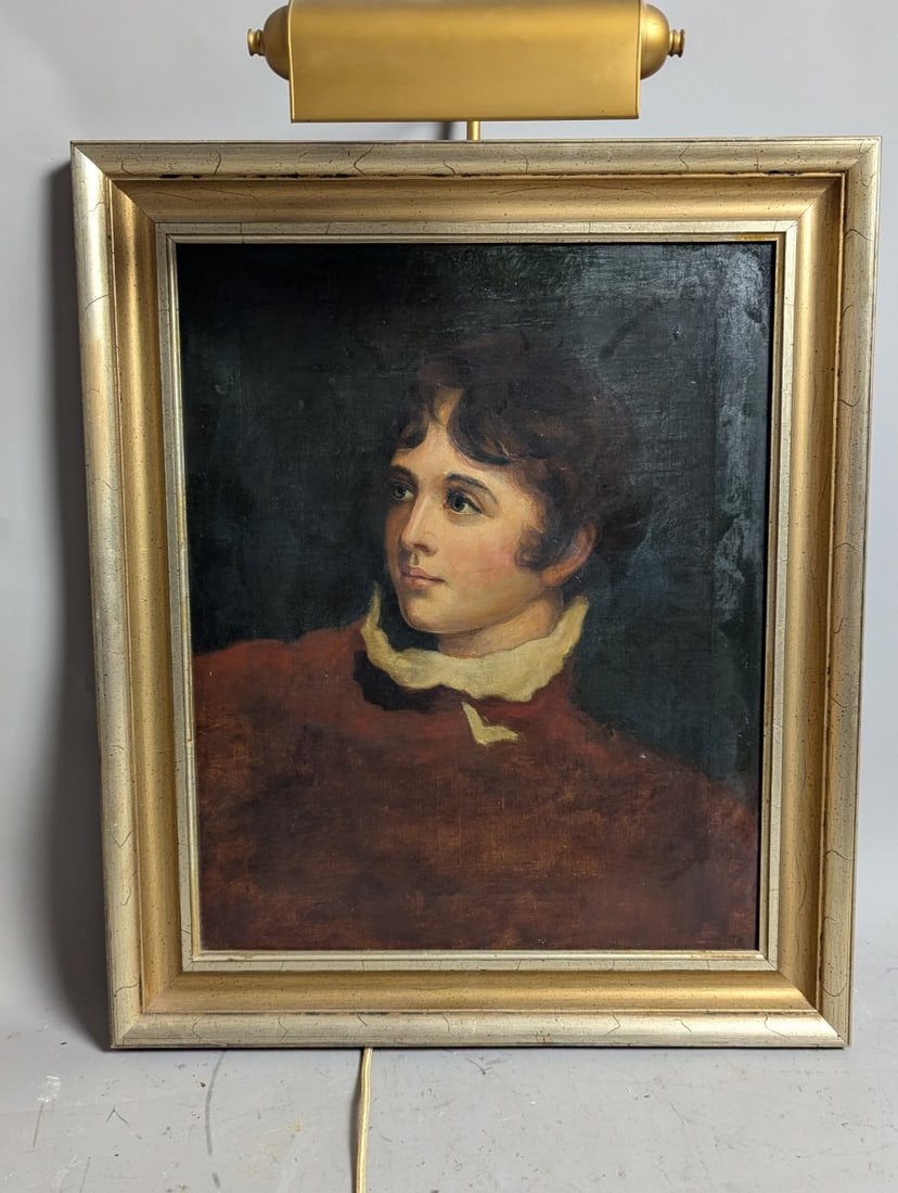 Unsigned 19th Century Style Portrait Oil Painting with Picture Light: **Important** Please read below description on how to avoid high shipping costs. Discover this elegant unsigned 19th-century style portrait oil painting, measuring 25 1/2 x 21 1/2 inches with a