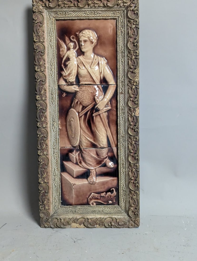 Antique French Victoire Majolica Tile Plaque by Choisy-le-Roi Decorative Arts: **Important** Please read below description on how to avoid high shipping costs. Presenting an exquisite Antique French 'Victoire' Majolica Tile Plaque, likely crafted by the esteemed Choisy-le-Roi ma