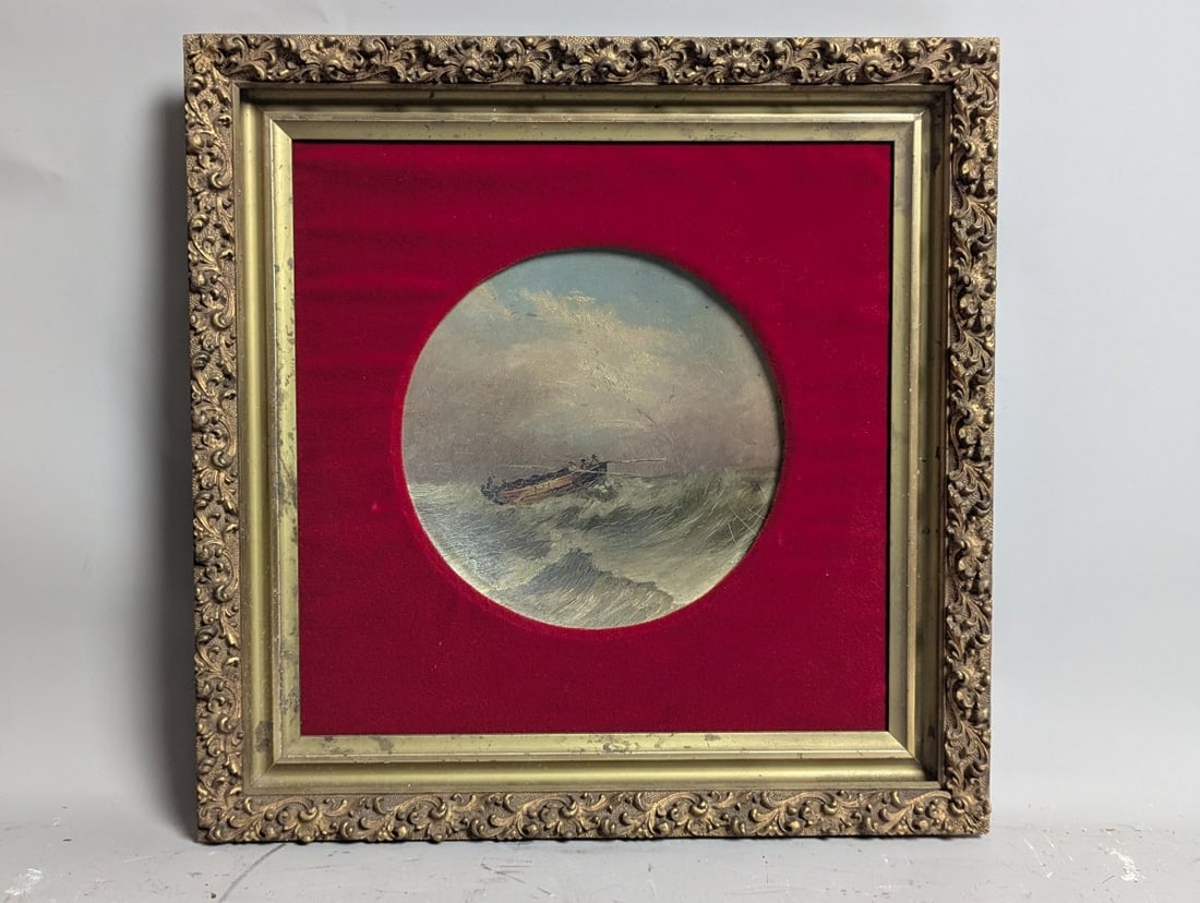 Antique Unsigned Maritime Tondo Oil Painting on Bowed Board in Ornate Gilt Frame: **Important** Please read below description on how to avoid high shipping costs. This captivating antique tondo oil painting depicts a dramatic maritime scene, showcasing a boat navigating through