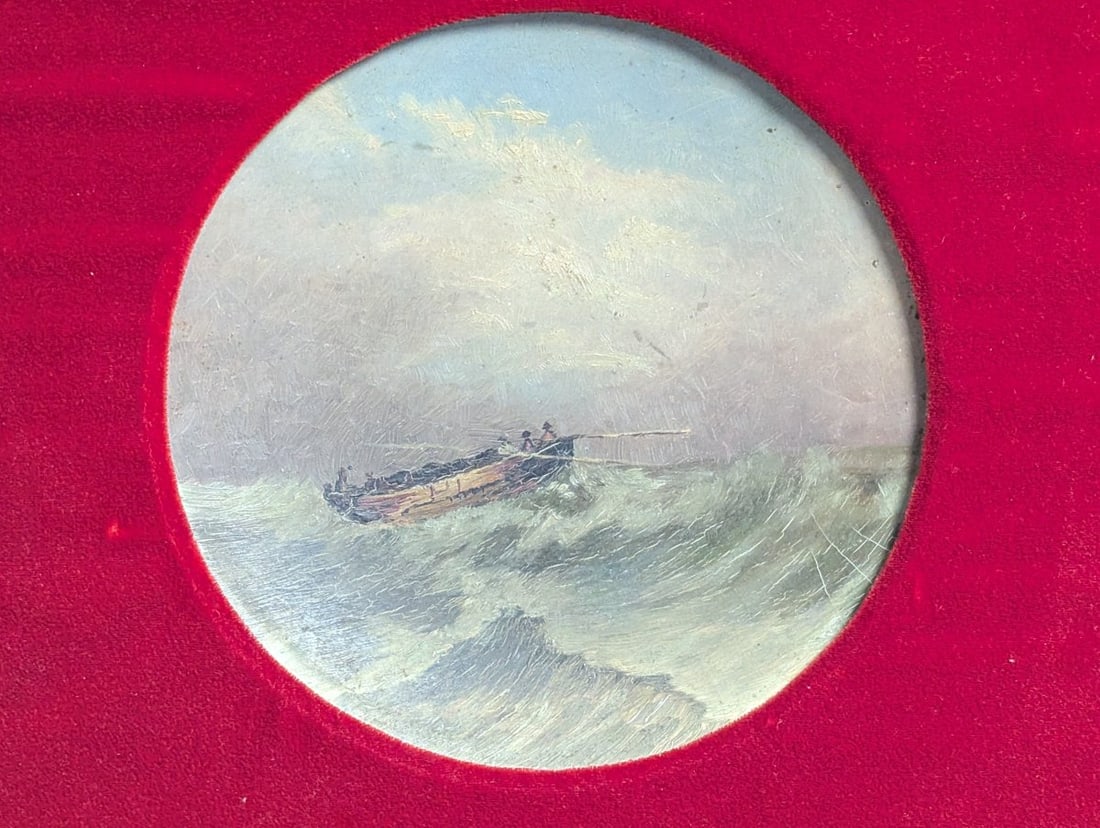 Antique Unsigned Maritime Tondo Oil Painting on Bowed Board in Ornate Gilt Frame - 2