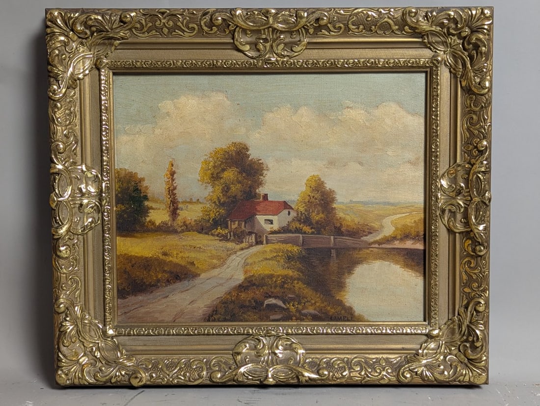 L. Ample 20th Century Framed Landscape Oil Painting Cottage Scene Vintage Art (1 of 16)