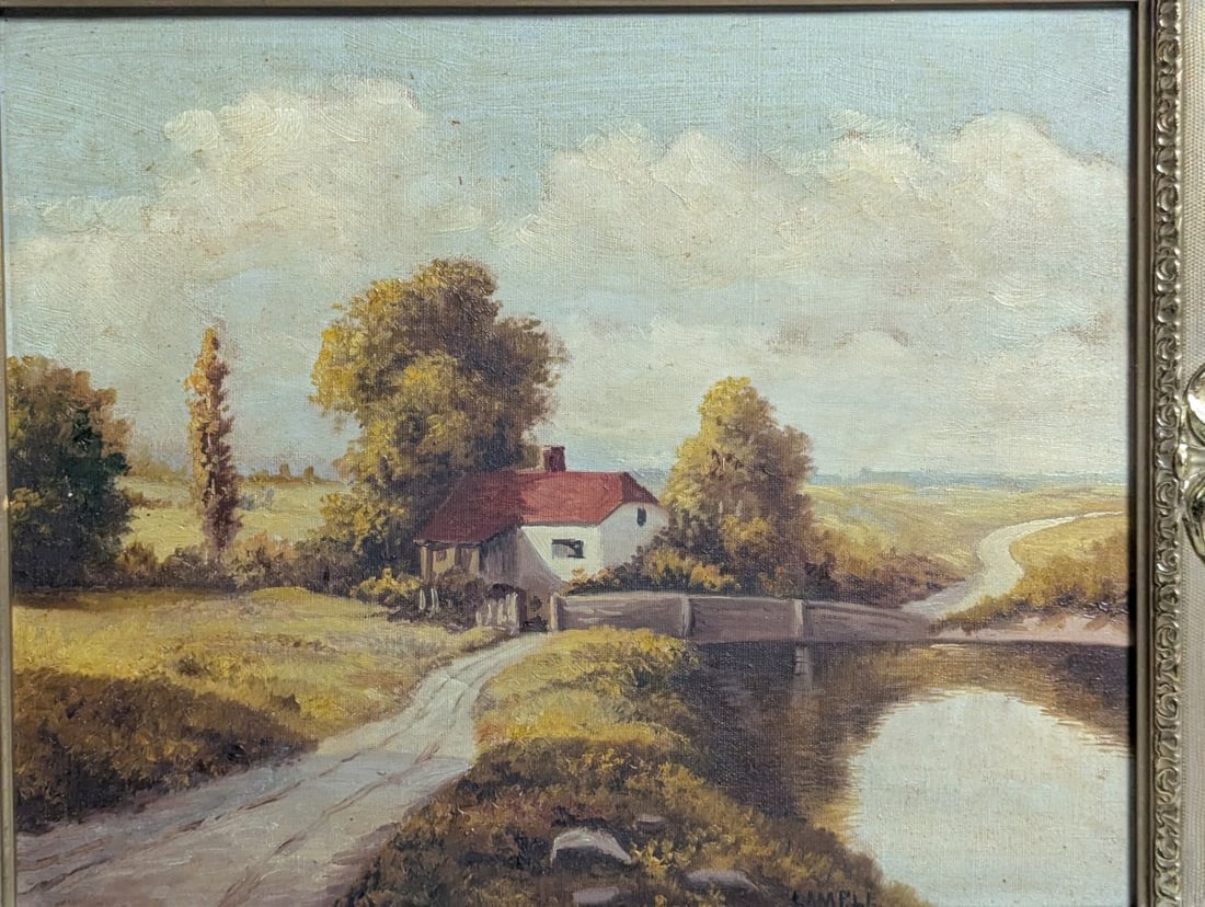 L. Ample 20th Century Framed Landscape Oil Painting Cottage Scene Vintage Art - 2