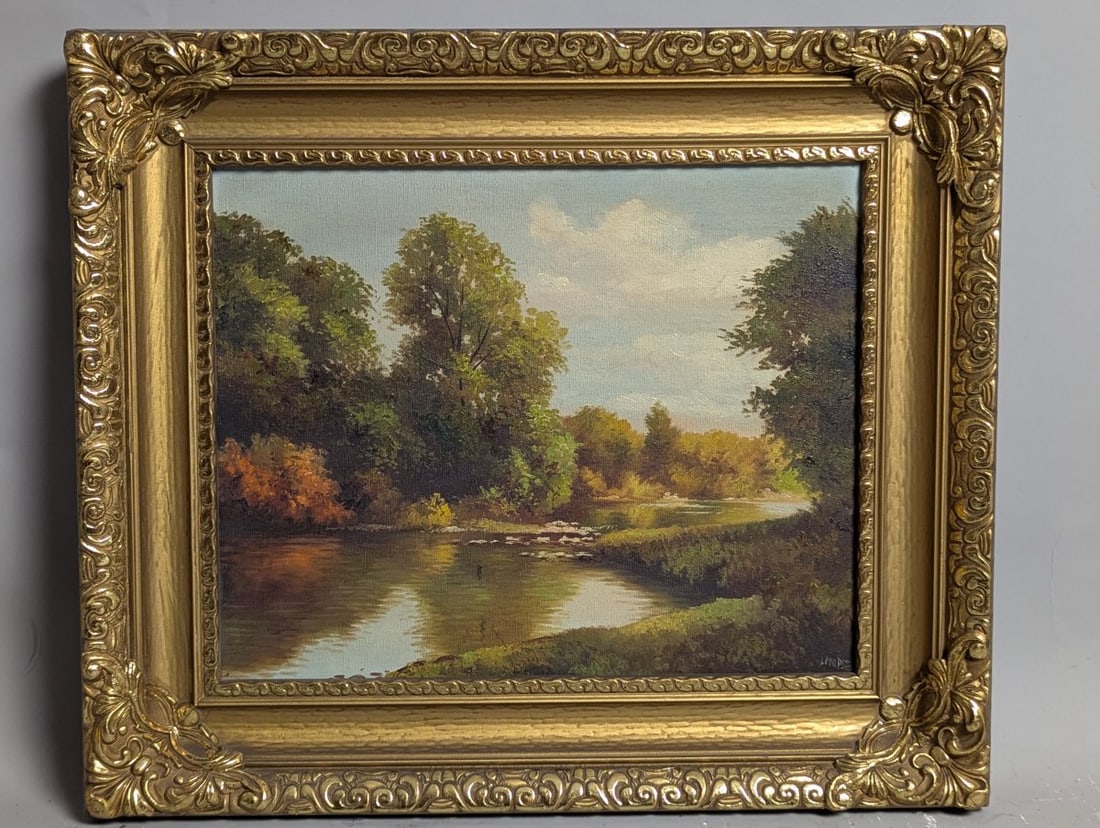 Lester Niple Ohio Landscape Oil Painting Framed River Scene Art Vintage Decor: **Important** Please read below description on how to avoid high shipping costs. Dive into the serene charm of this exquisite oil painting by Lester Niple, measuring 21 1/2 x 18 1/2 x 2 inches and acc