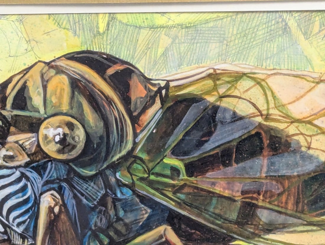 Original Framed Cicada Illustration Entomological Art Insect Design Mixed Media - 4