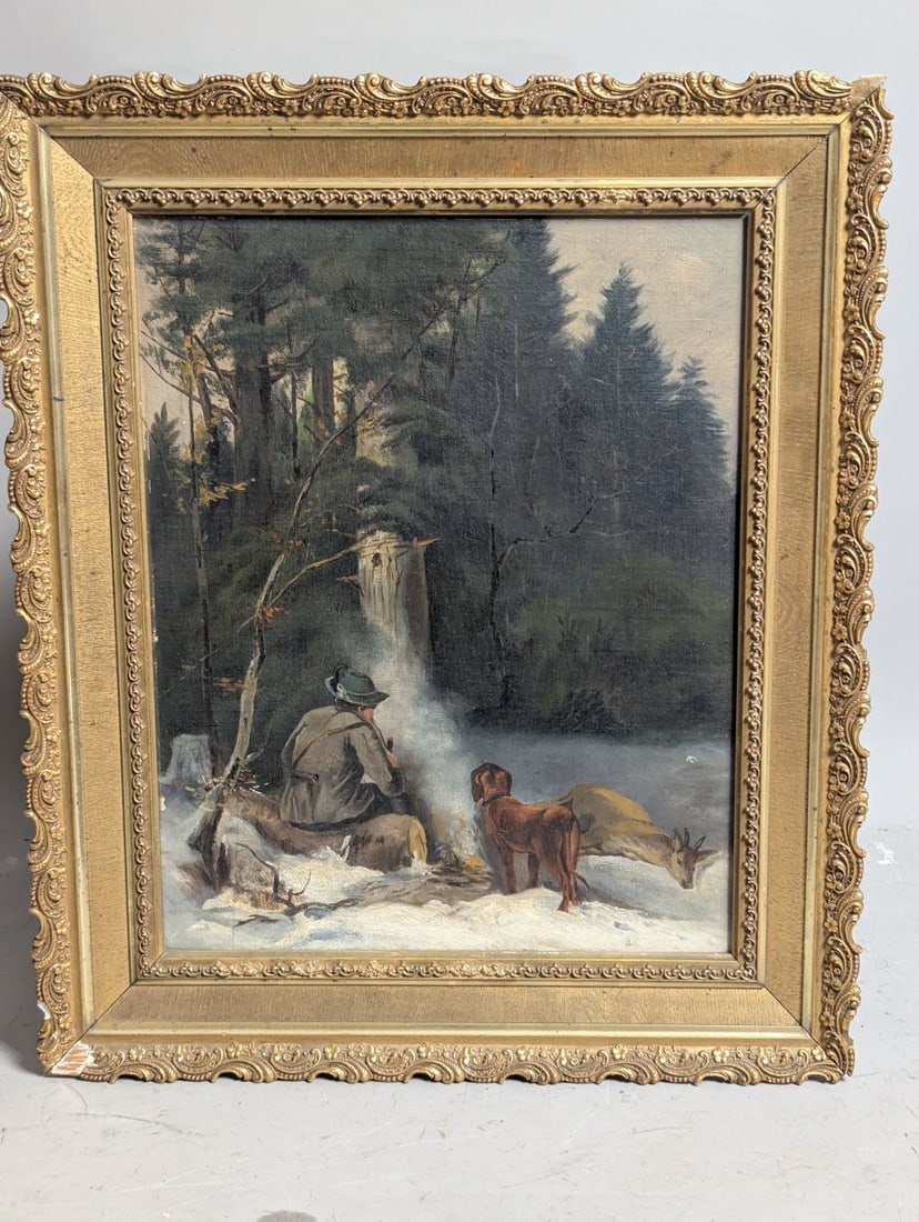 Unsigned 19th Century German School Oil Painting Hunting Scene with Hunter and Dog: **Important** Please read below description on how to avoid high shipping costs. This unsigned oil painting from the 19th century features a captivating hunting scene set in a winter forest, showcasin
