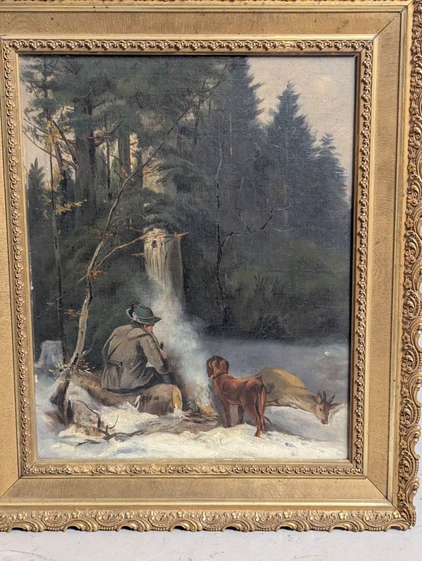 Unsigned 19th Century German School Oil Painting Hunting Scene with Hunter and Dog - 2