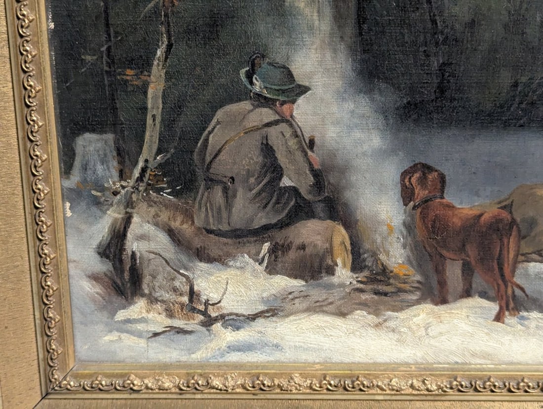 Unsigned 19th Century German School Oil Painting Hunting Scene with Hunter and Dog - 9