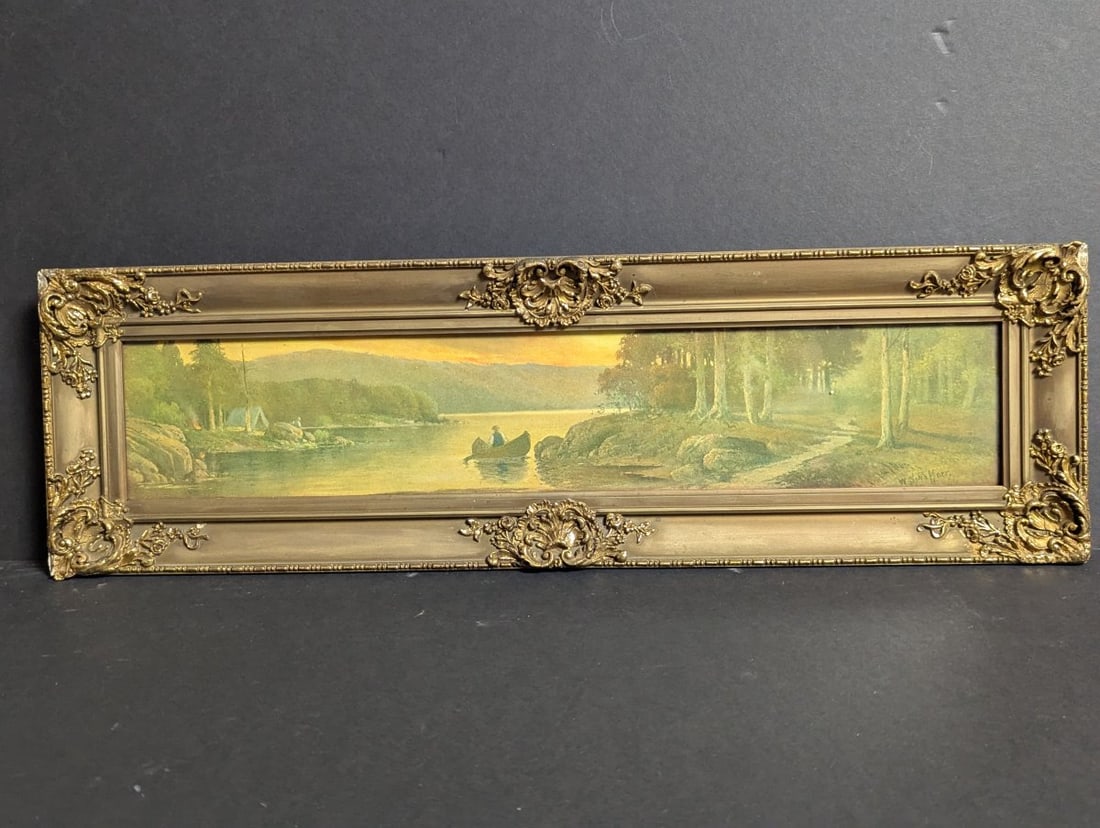 Antique W Schaffner Canoe at Sunset Chromolithograph Print Rustic Wall Art Decor: **Important** Please read below description on how to avoid high shipping costs. This exquisite antique chromolithograph print titled 'Canoe at Sunset' by W. Schaffner dates back to 1907. Measuring