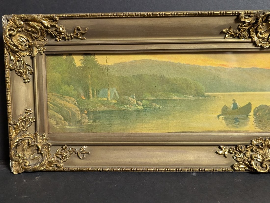 Antique W Schaffner Canoe at Sunset Chromolithograph Print Rustic Wall Art Decor - 2