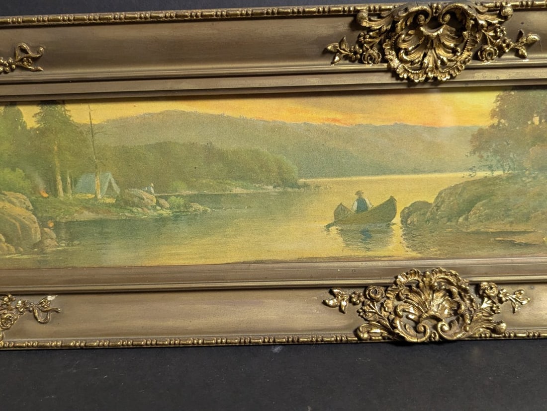 Antique W Schaffner Canoe at Sunset Chromolithograph Print Rustic Wall Art Decor - 3