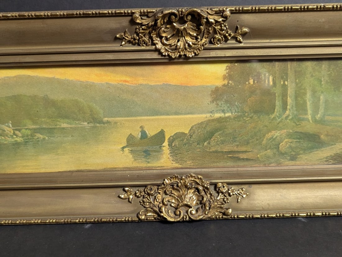 Antique W Schaffner Canoe at Sunset Chromolithograph Print Rustic Wall Art Decor - 4