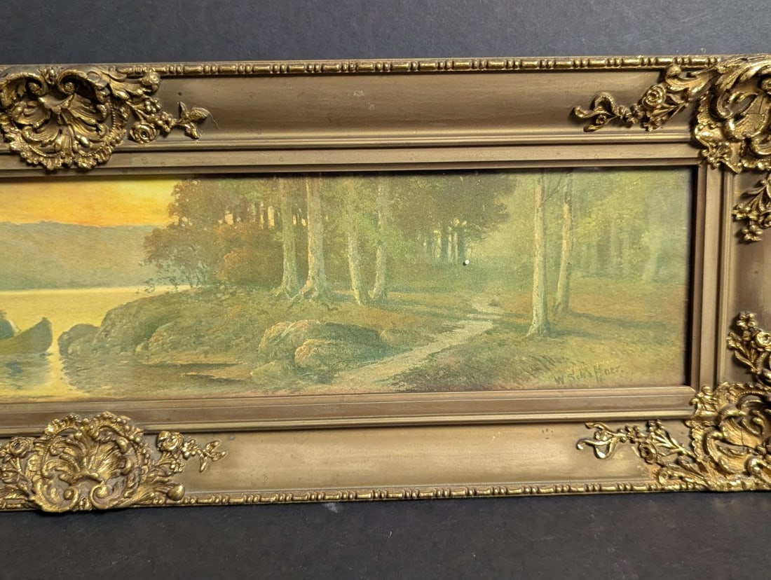 Antique W Schaffner Canoe at Sunset Chromolithograph Print Rustic Wall Art Decor - 5