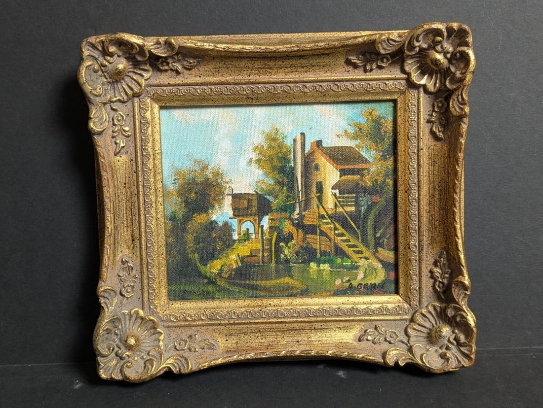 Vintage A. Gerry Landscape Oil Painting in Ornate Gilt Frame Beautiful Wall Art: **Important** Please read below description on how to avoid high shipping costs. Up for auction is a stunning vintage A. Gerry landscape oil painting beautifully presented in an ornate gilt frame. Dim