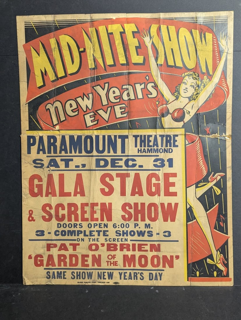 Original 1938 Mid-Nite Show New Year's Eve Movie Poster Globe Poster Corp Art Deco: **Important** Please read below description on how to avoid high shipping costs. Up for auction is a rare original 1938 'Mid-Nite Show' New Year's Eve movie poster, measuring 22 x 28 inches. This