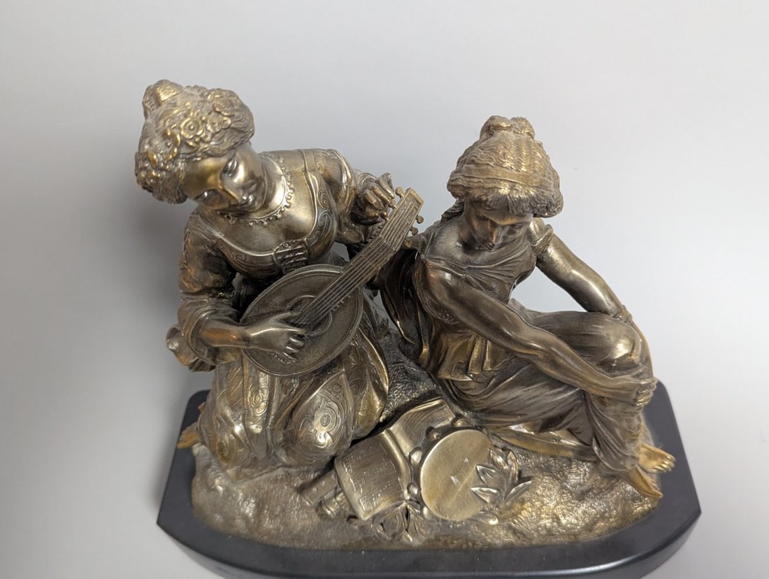 Antique Brass Figural Group Sculpture on Onyx Base Romantic Neoclassical Art - 2
