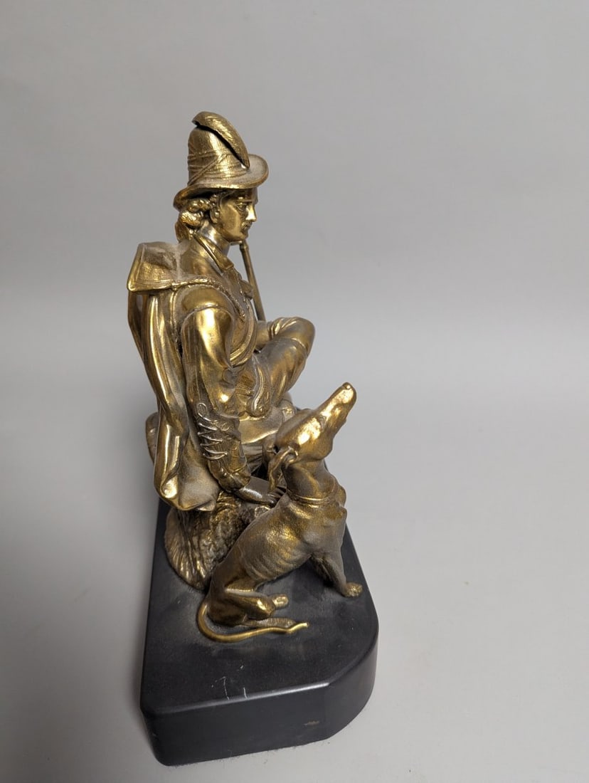 Antique Brass Sculpture of a Hunter with Dogs on Onyx Base Unmarked 19th Century - 5