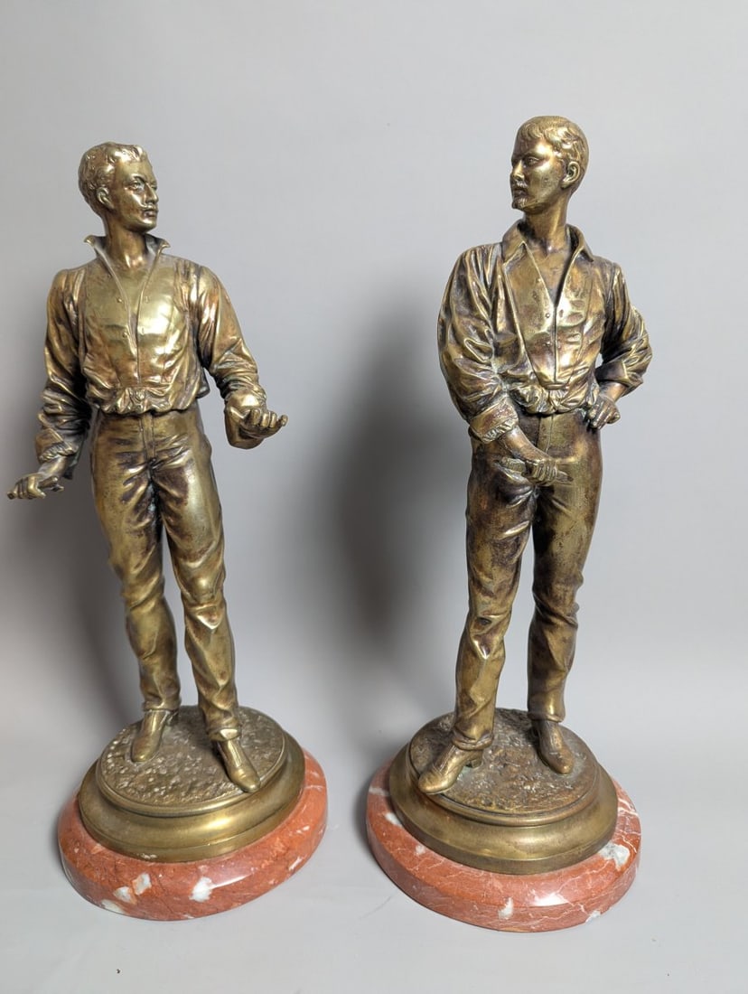 Stunning Pair of Figural Bronze Statues by Charles Masse on Marble Base: **Important** Please read below description on how to avoid high shipping costs. This exquisite pair of figural statues by renowned French artist Charles Masse measures 23 inches high with a 10-inch d