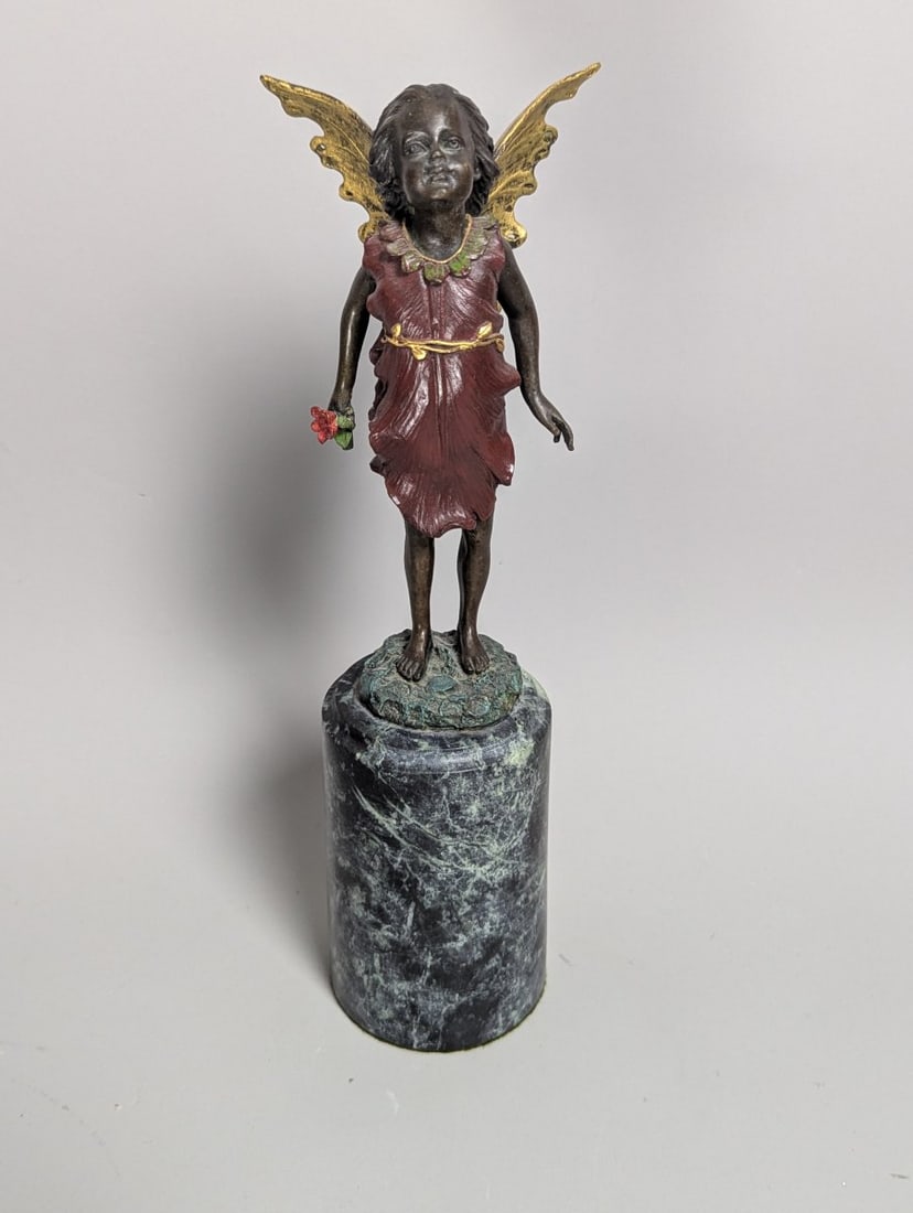 Milo Cold-Painted Bronze Fairy Sculpture Decorative Art Nouveau Style Collectible: **Important** Please read below description on how to avoid high shipping costs. Explore the enchantment of this Milo Cold-Painted Bronze Fairy Sculpture, standing 12 inches high with a diameter of 3