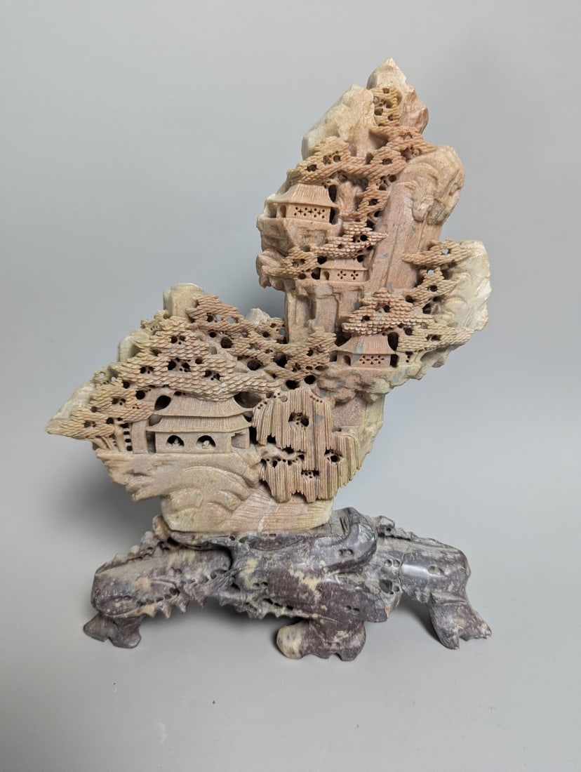 Chinese Carved Soapstone Mountain Landscape Sculpture Intricate Design Decorative Art - 3