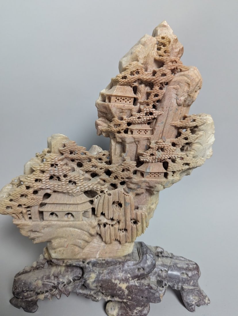 Chinese Carved Soapstone Mountain Landscape Sculpture Intricate Design Decorative Art - 5