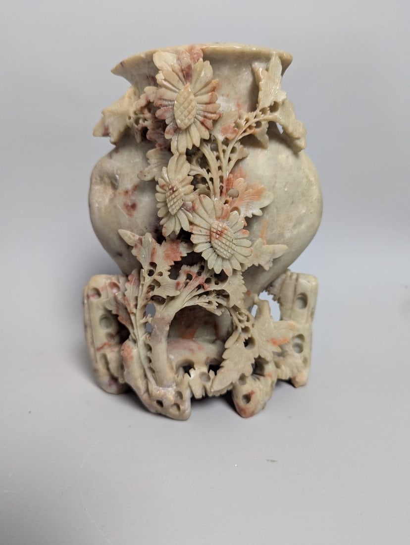 Chinese Carved Soapstone Floral Vase Mid-Century Decorative Piece Display Art: **Important** Please read below description on how to avoid high shipping costs. Enhance your collection with this exquisite Chinese carved soapstone floral vase, measuring 8 inches high, 6 inches