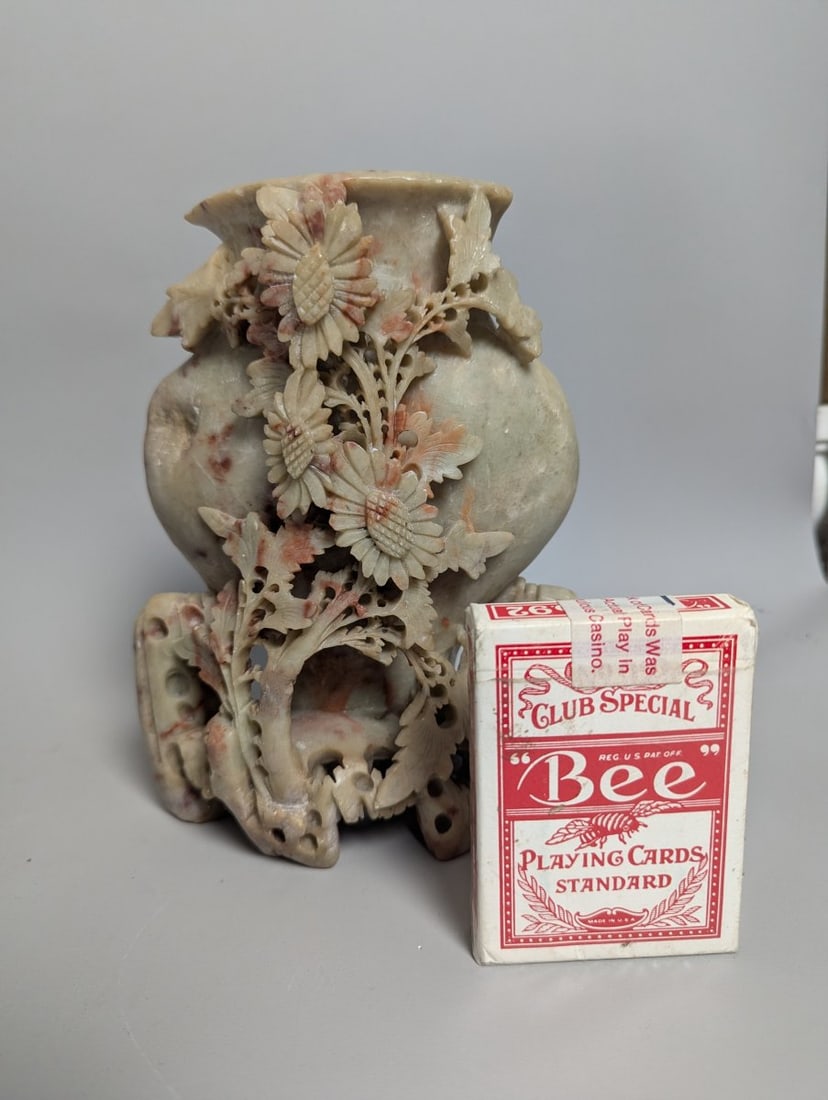 Chinese Carved Soapstone Floral Vase Mid-Century Decorative Piece Display Art - 2