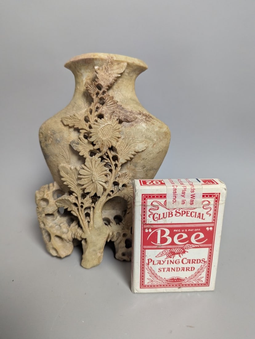Chinese Carved Soapstone Floral Vase Vintage Home Decor Antique Style - 2