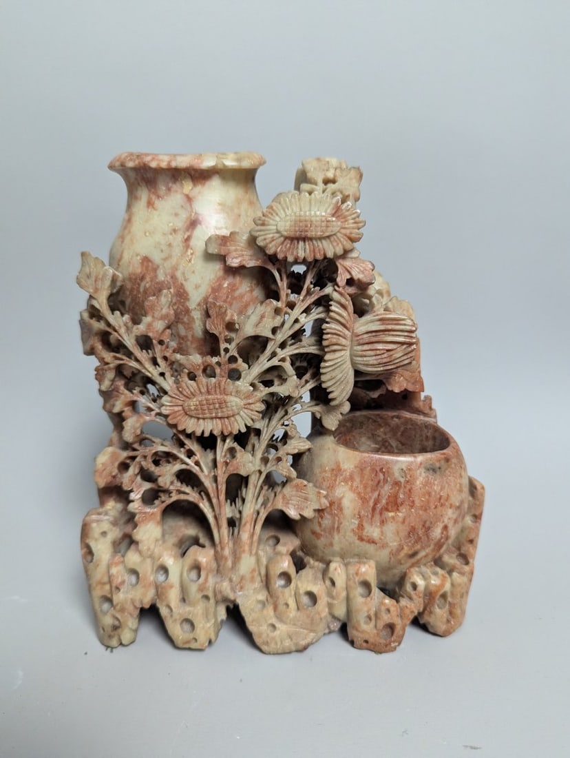 Chinese Carved Soapstone Floral Vase and Brush Pot Dual Vessel Art Piece: **Important** Please read below description on how to avoid high shipping costs. Presenting an exquisite Chinese Carved Soapstone Floral Vase and Brush Pot, standing at 8 high x 7 x 2 1/2 inches.