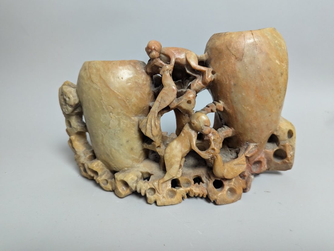 Vintage Chinese Carved Soapstone Double Vase with Monkeys Decorative Art Piece: **Important** Please read below description on how to avoid high shipping costs. This exquisite Chinese carved soapstone double vase featuring monkeys measures 6 high x 9 x 3 inches. The vintage