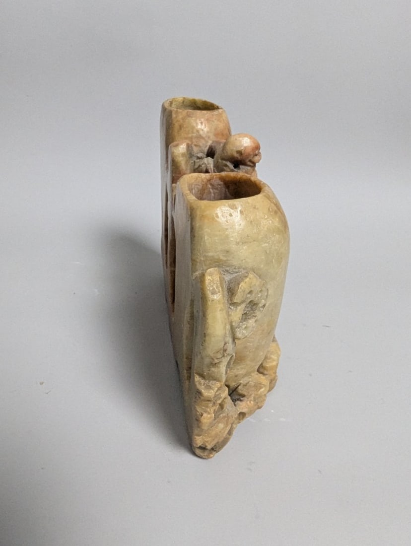 Vintage Chinese Carved Soapstone Double Vase with Monkeys Decorative Art Piece - 4