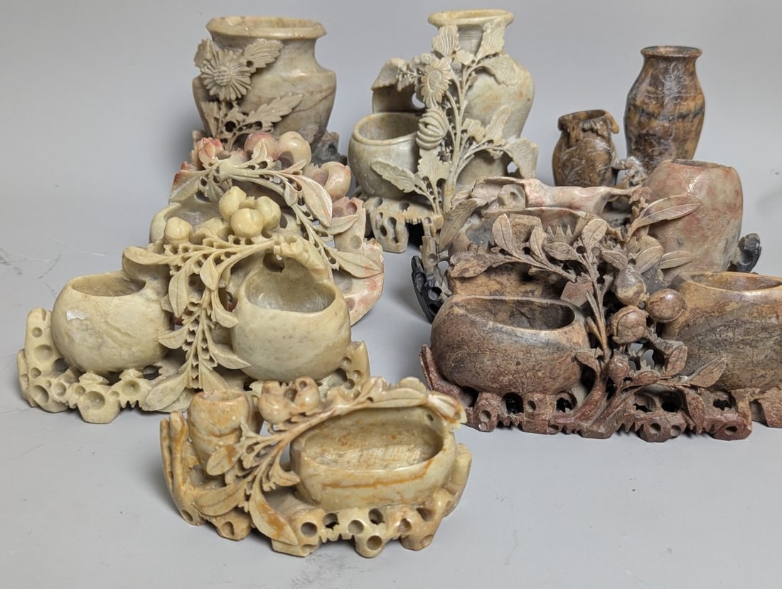Lot of 8 Vintage Chinese Soapstone Carvings with Floral and Fruit Motifs (1 of 10)