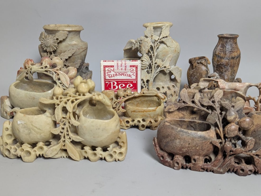 Lot of 8 Vintage Chinese Soapstone Carvings with Floral and Fruit Motifs - 2
